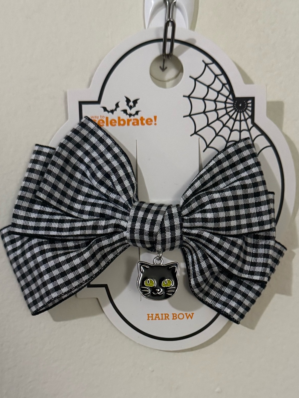Kids Black & White Gingham Hair Bow with Cat Charm